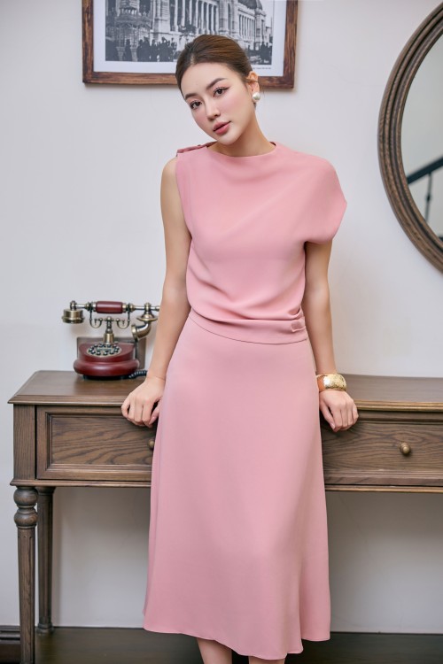 Sixdo Pink Silk Midi Skirt